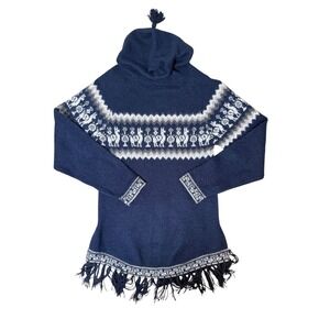 Alpaca Connection Navy Blue Fair Isle Alpaca Wool Blend Hooded Sweater Large